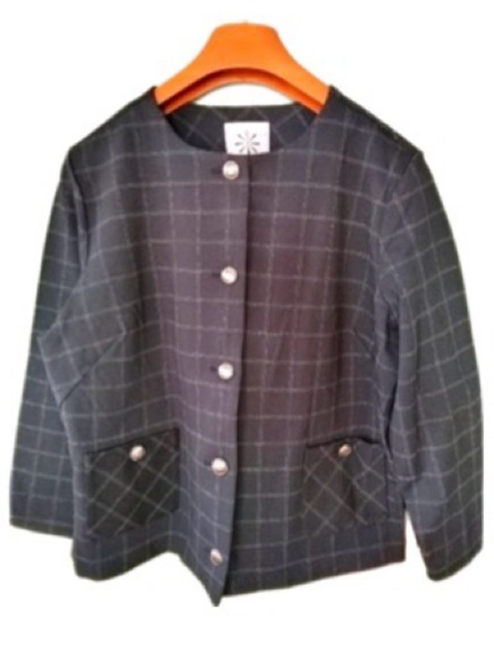 Isaac Misrahi scoop neck button long sleeves front green plaid work blazer